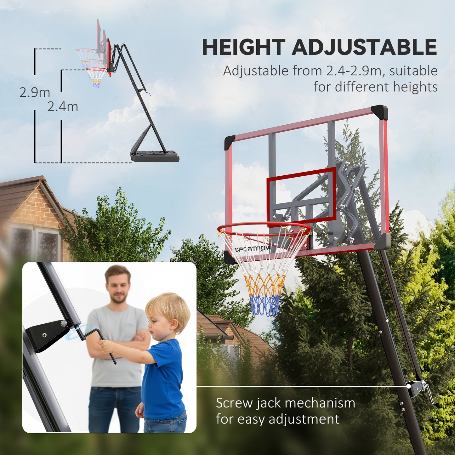 2.4-2.9m Adjustable Basketball Hoop and Stand with Weighted Base, Portable on Wheels, Red