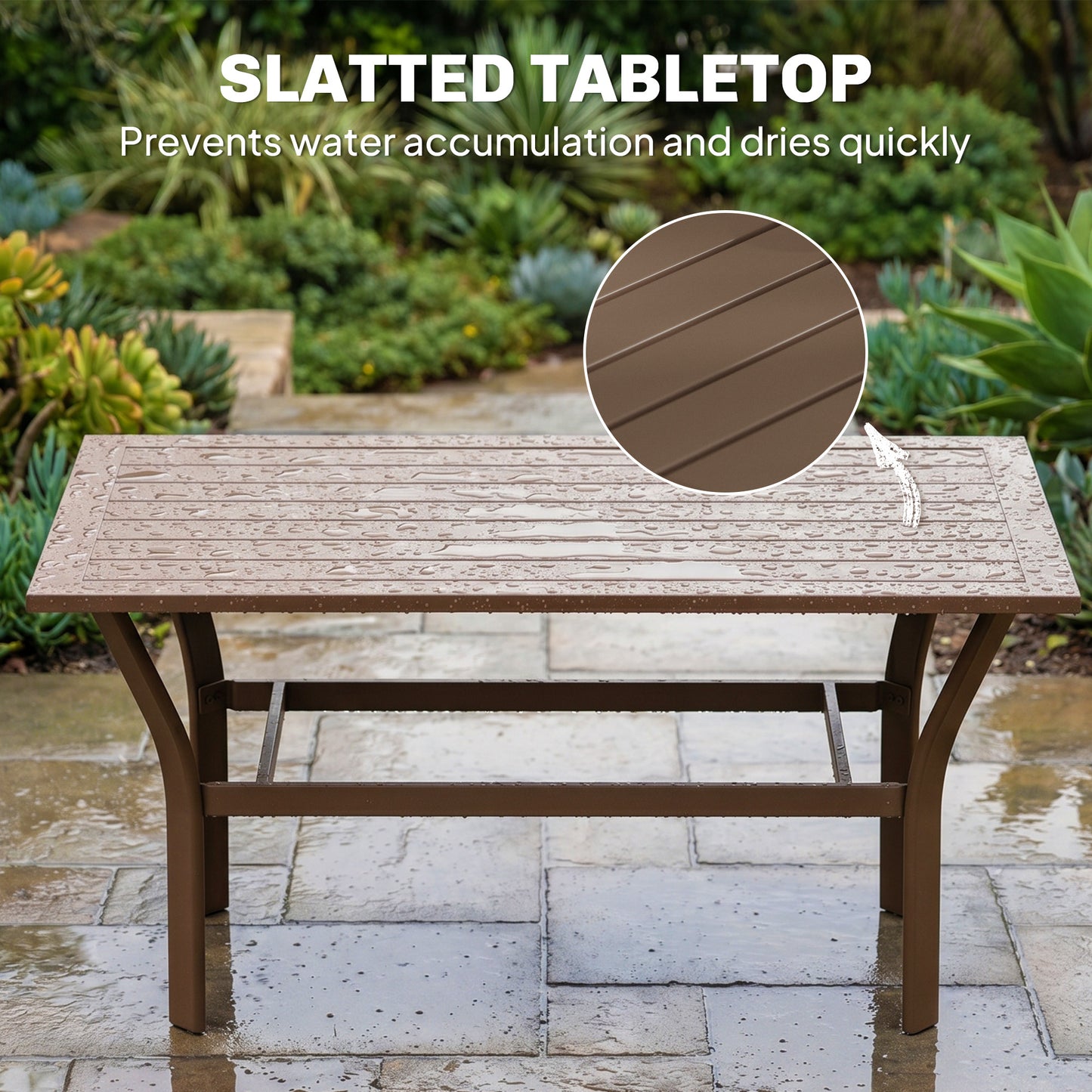 Metal Garden Coffee Table, Rectangular Outdoor Side Table with Slatted Tabletop, Foot Pads for Outside, Garden, Balcony