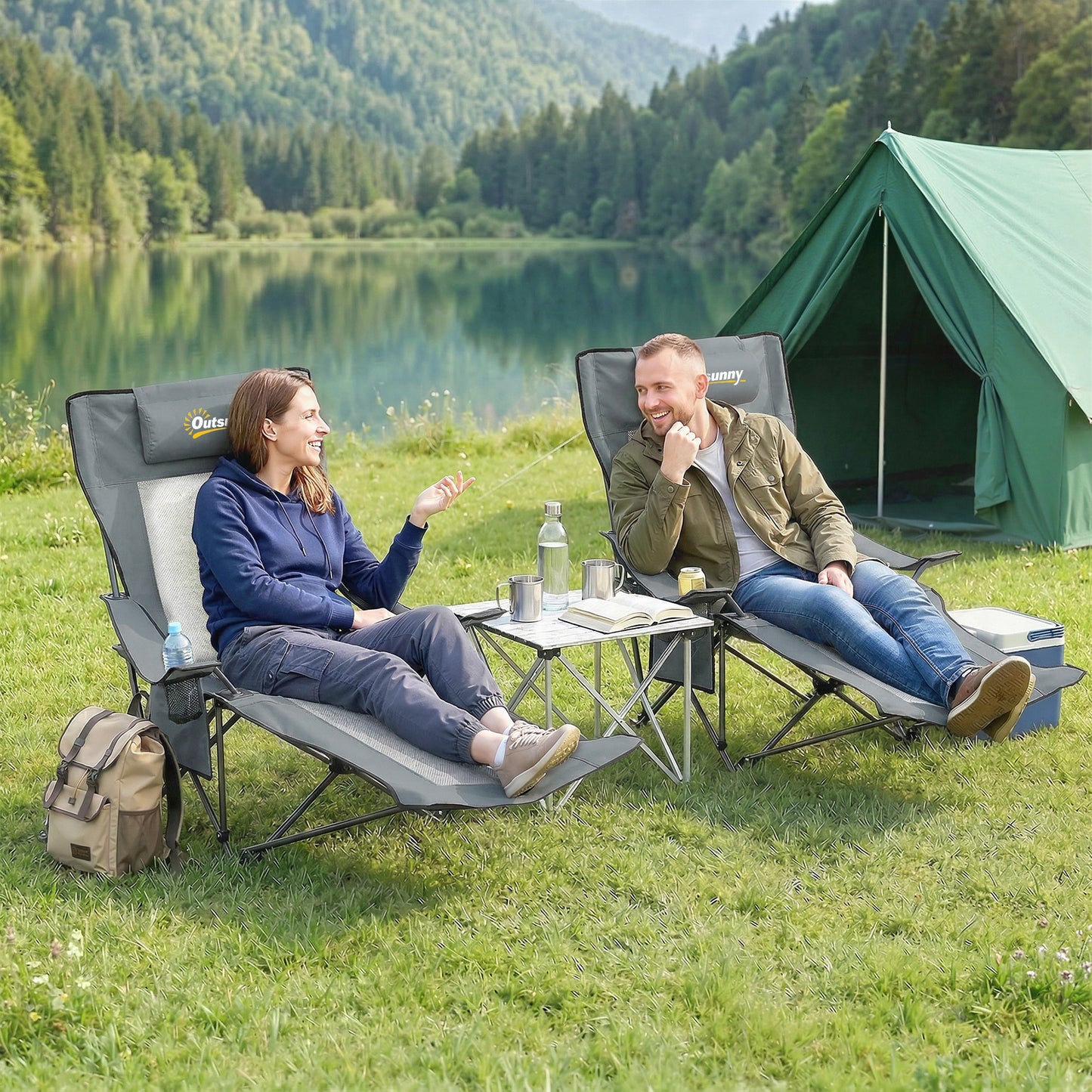 Camping Chair Reclining Portable Camp Chair with Detachable Footrest Cup Holder Grey