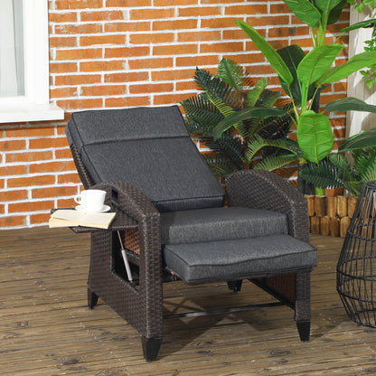 Outdoor Recliner Chair with Adjustable Backrest and Footrest, Cushion, Side Tray, Dark Grey/Brown