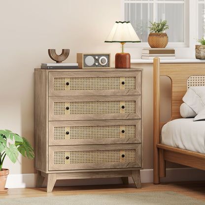Storage Cabinet, 4-Drawer Unit with Rattan Element for Bedroom, Living Room, 80cmx35cmx95cm, Wood Effect