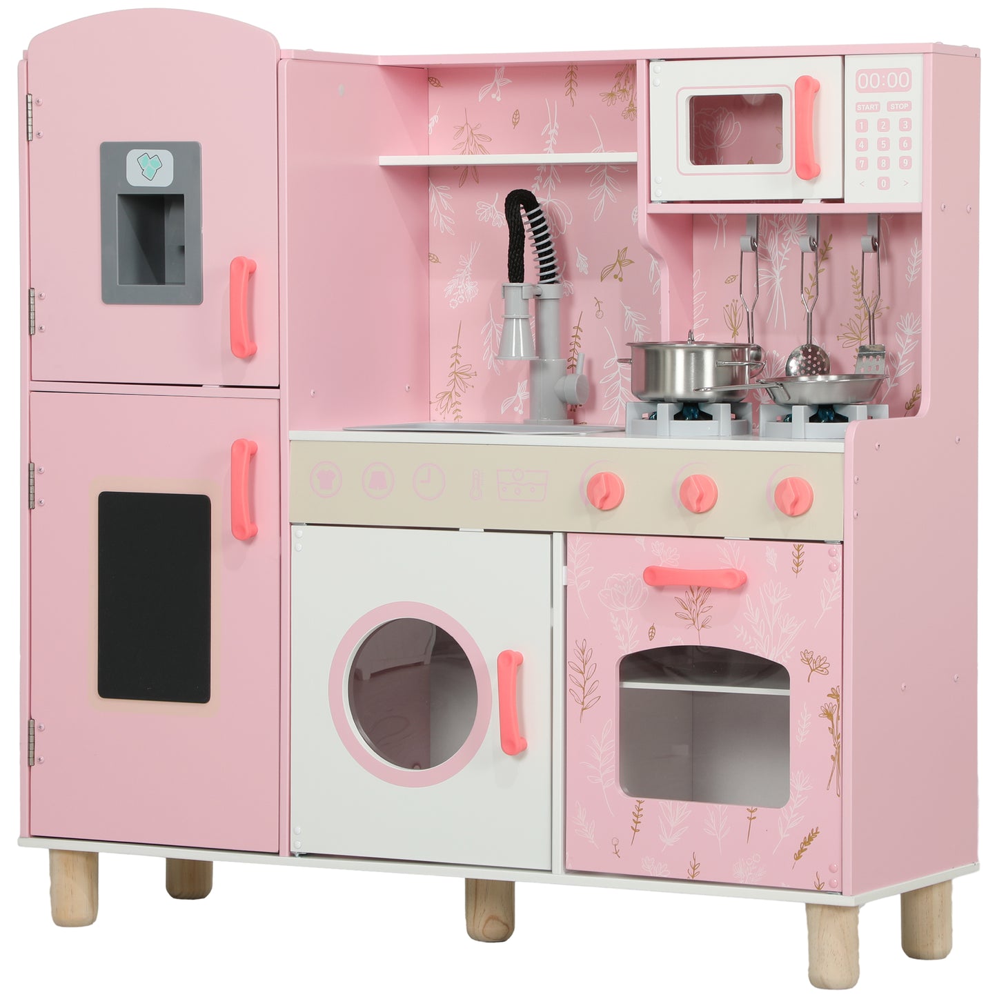 Play Kitchen, Kids Kitchen Set with Lights and Sounds, Double Stoves, Ice Maker, Chalkboard for 3+ Years, Pink