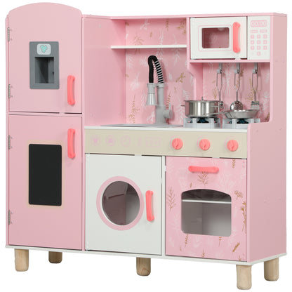 Play Kitchen, Kids Kitchen Set with Lights and Sounds, Double Stoves, Ice Maker, Chalkboard for 3+ Years, Pink