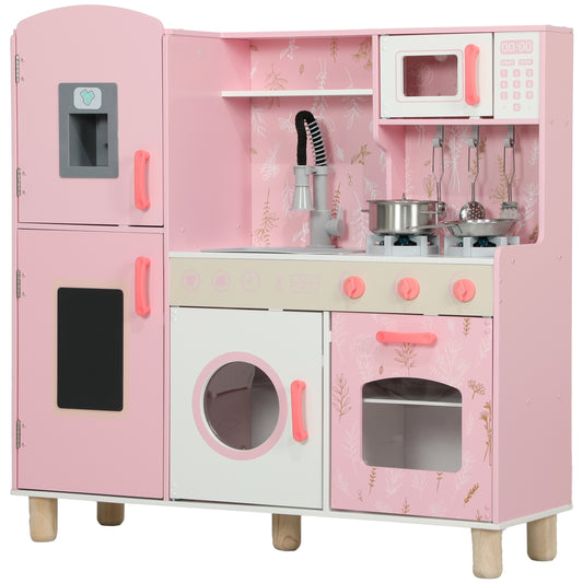 Play Kitchen, Kids Kitchen Set with Lights and Sounds, Double Stoves, Ice Maker, Chalkboard for 3+ Years, Pink
