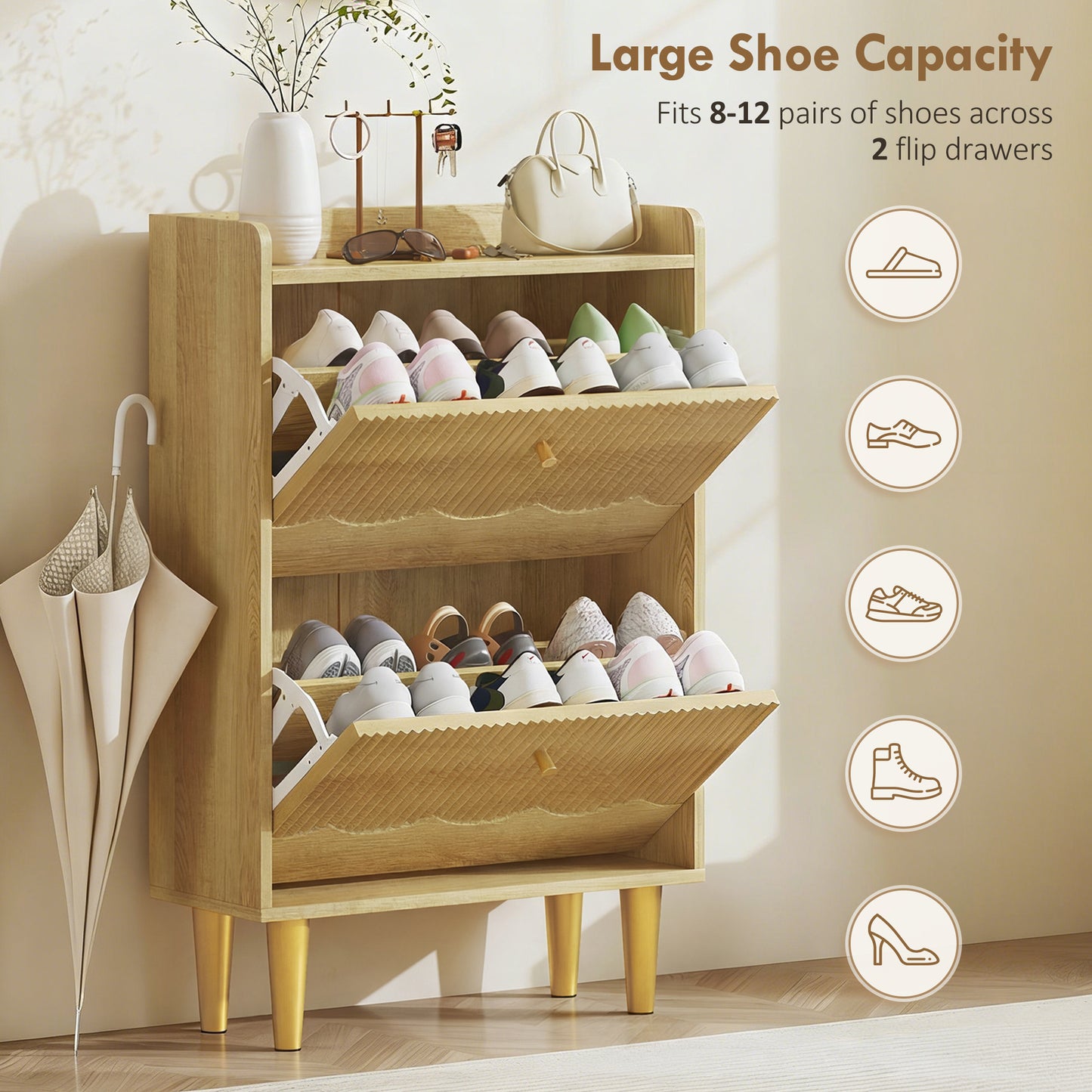 Narrow Shoe Cabinet, Modern Shoe Storage Cabinet with 2 Flip Drawers, Oak