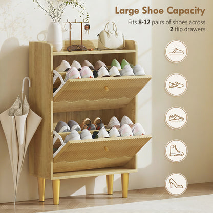 Narrow Shoe Cabinet, Modern Shoe Storage Cabinet with 2 Flip Drawers, Oak
