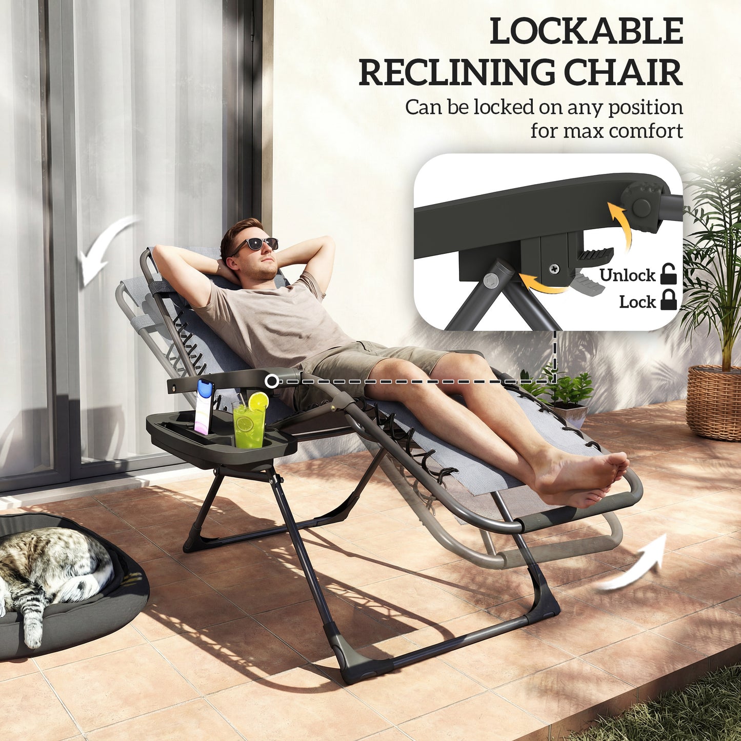 Zero Gravity Chairs Set of 2, Folding Sunloungers Reclining Garden Chairs with Cup Holder, Headrest, Dark Grey