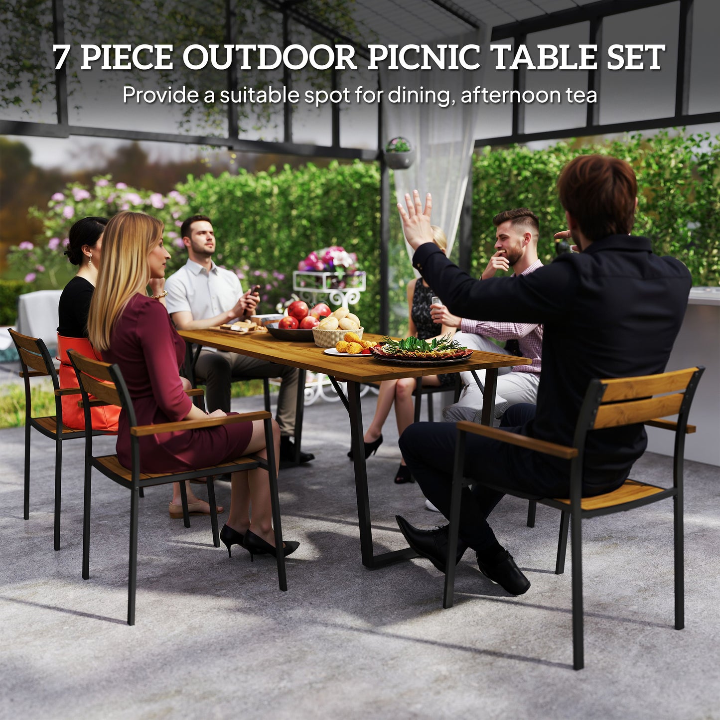 Seven-Piece Wood Panel Patio Dining Set with ⌀5 cm parasol hole - Brown/Black