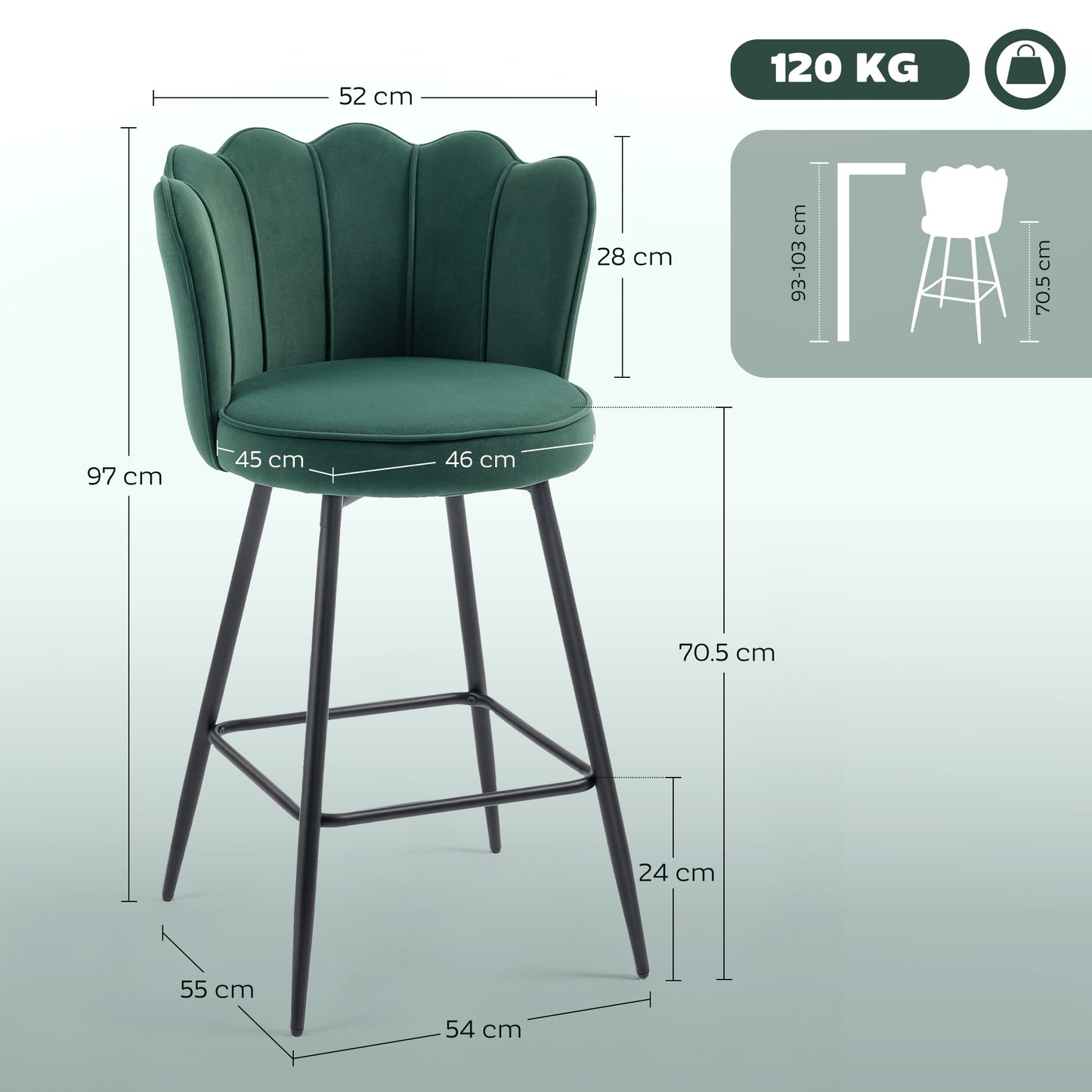 Set of Two Velvet-Feel Lotus Bar Stools - Dark Green