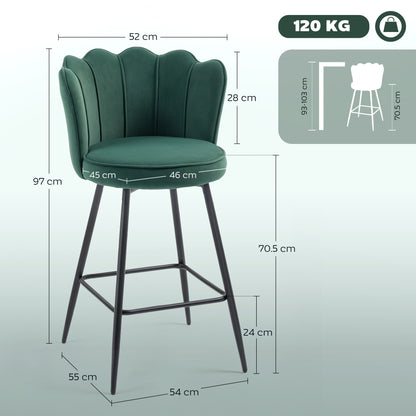 Set of Two Velvet-Feel Lotus Bar Stools - Dark Green