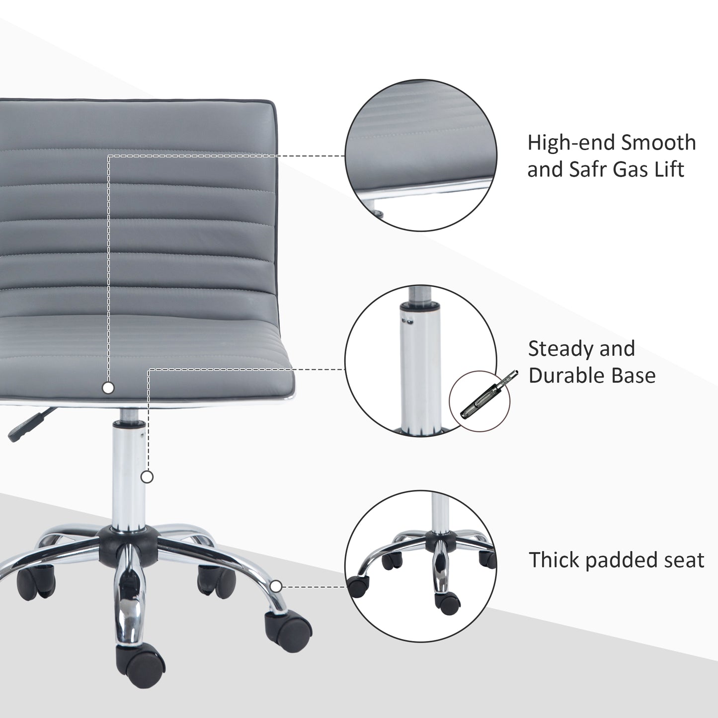 Armless Task Desk Chair, Swivel Office Chair with Faux Leather, Adjustable Seat Height, Chrome Base, Wheels for Home