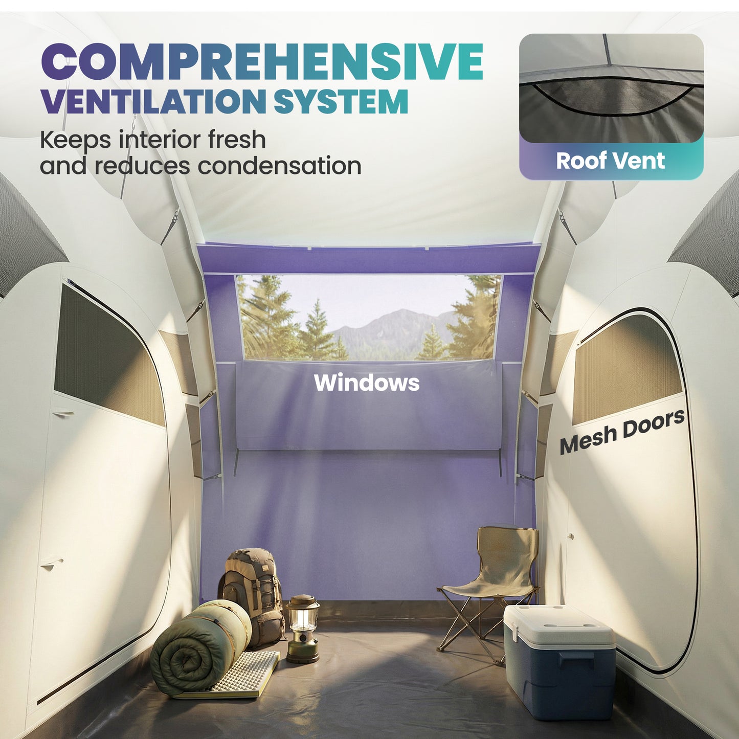 Inflatable Tent 2 Bedroom Tunnel Design Windproof Air Tent with Carry Bag for 4 Person