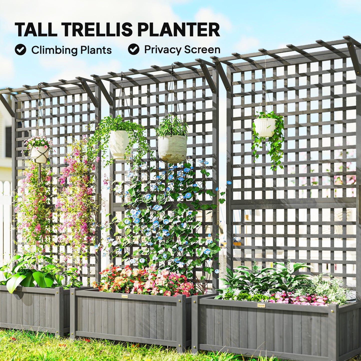 Raised Bed with Drainage Holes, Wood Planter with Trellis for Climbing Plants, Dark Grey