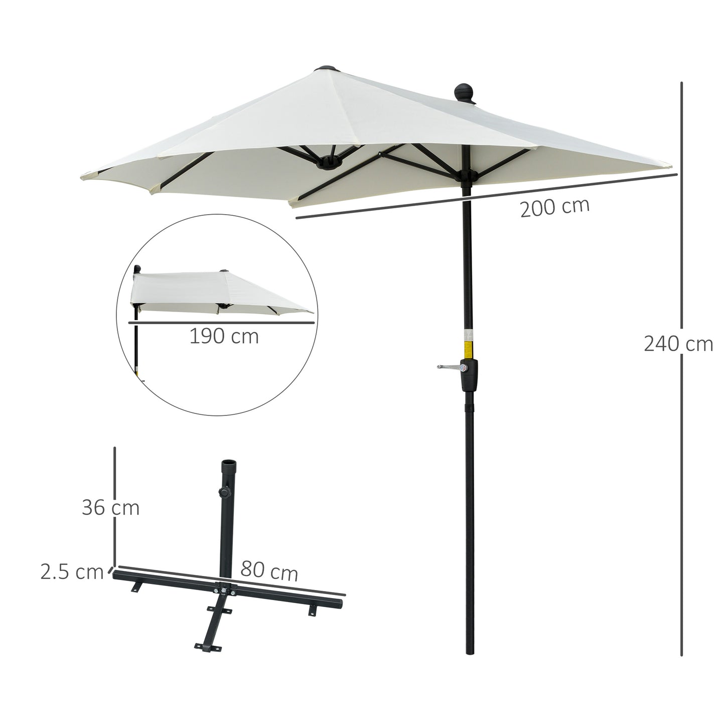 2m Half Parasol Market Umbrella Garden Balcony Parasol with Crank Handle, Base, Double-Sided Canopy, Cream White