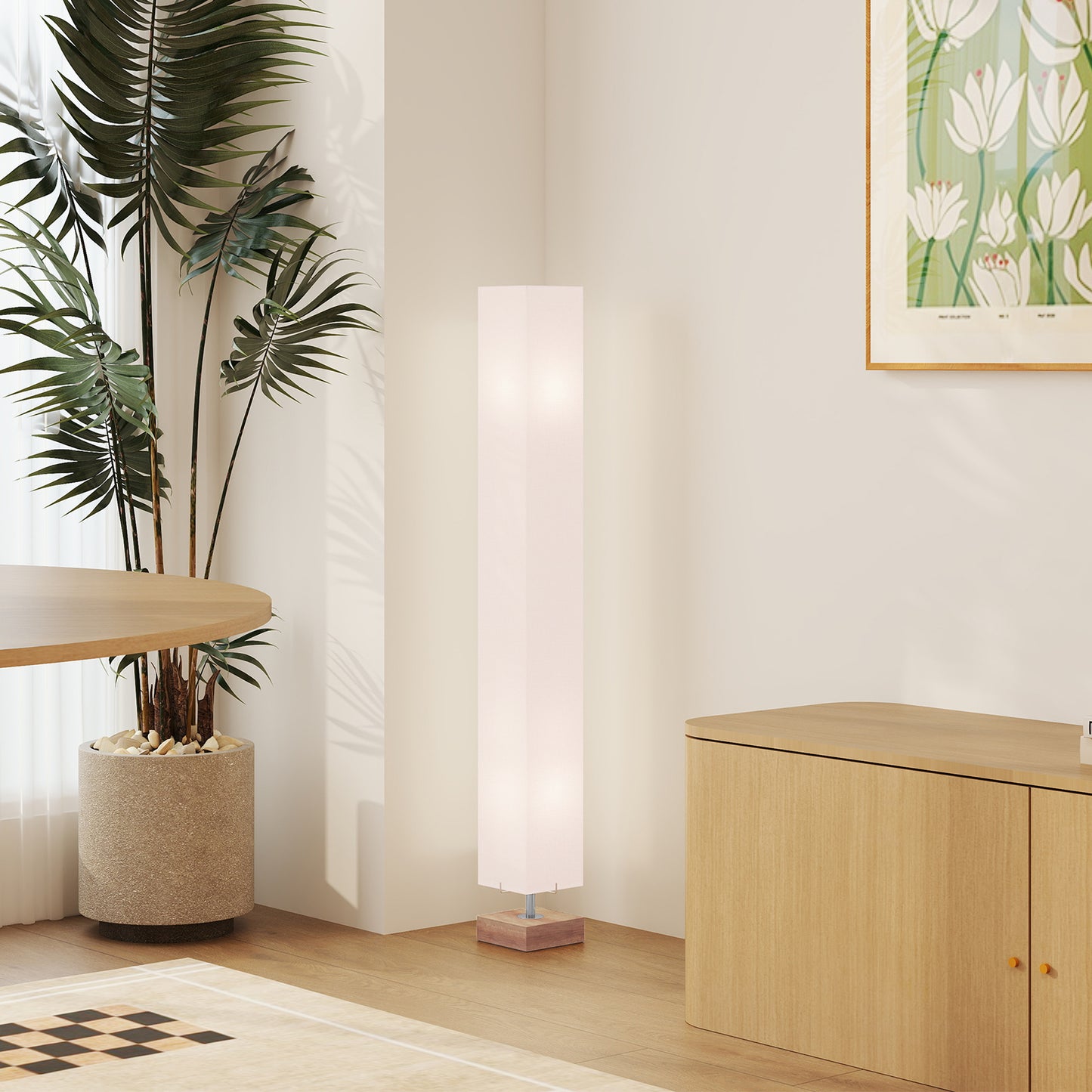 Floor Lamp, 120cm Standing Lamp with Linen Lampshade, Standard Light with Pine Wood Base for Living Room