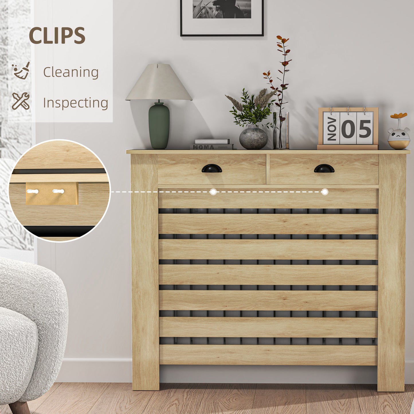 95.5H x 111Wcm Radiator Cover, with Drawer - Oak