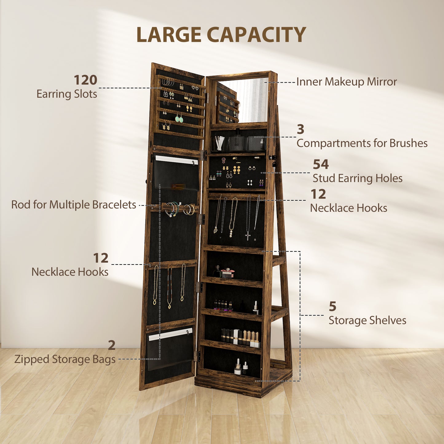 360° Swivel Jewellery Cabinet, Free Standing Full Length Mirror with Storage