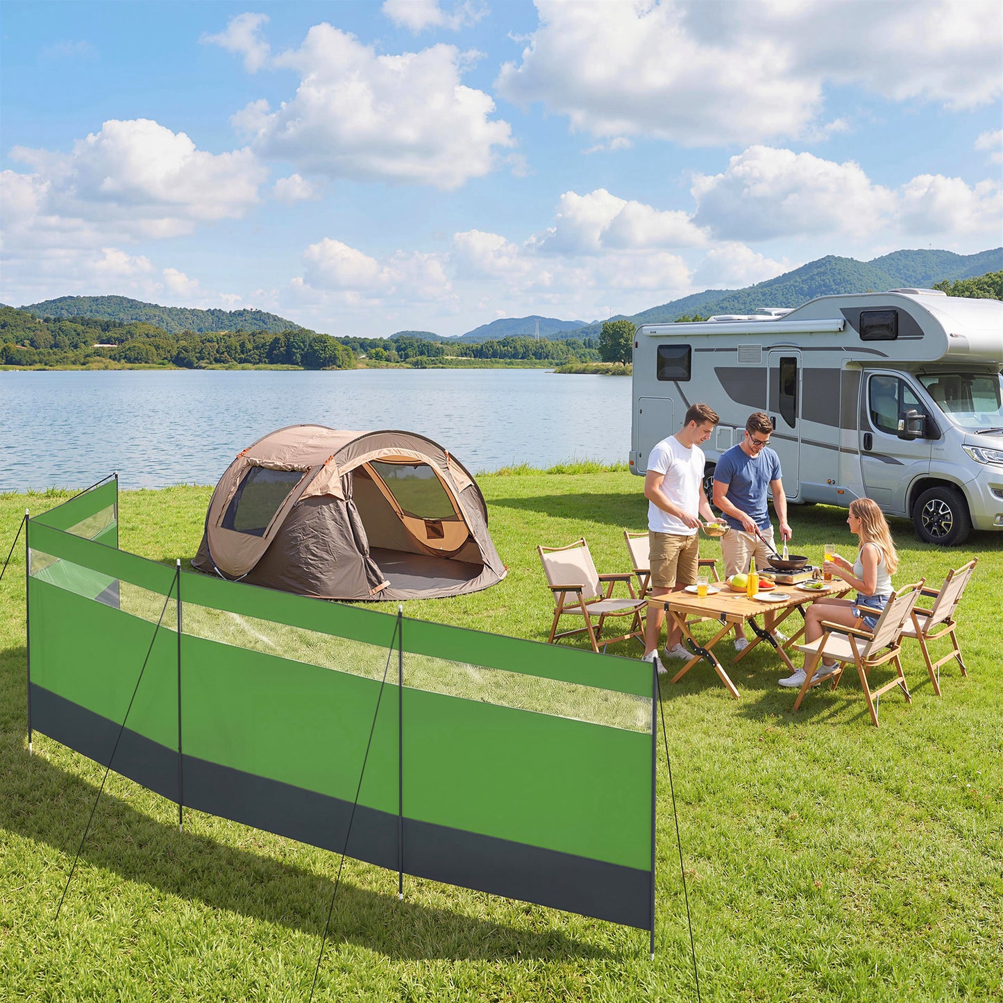 Camping Windbreaker with Clear Windows, Carry Bag and Steel Poles, for Beach Caravan Campervan, 725 x 140cm, Army Green