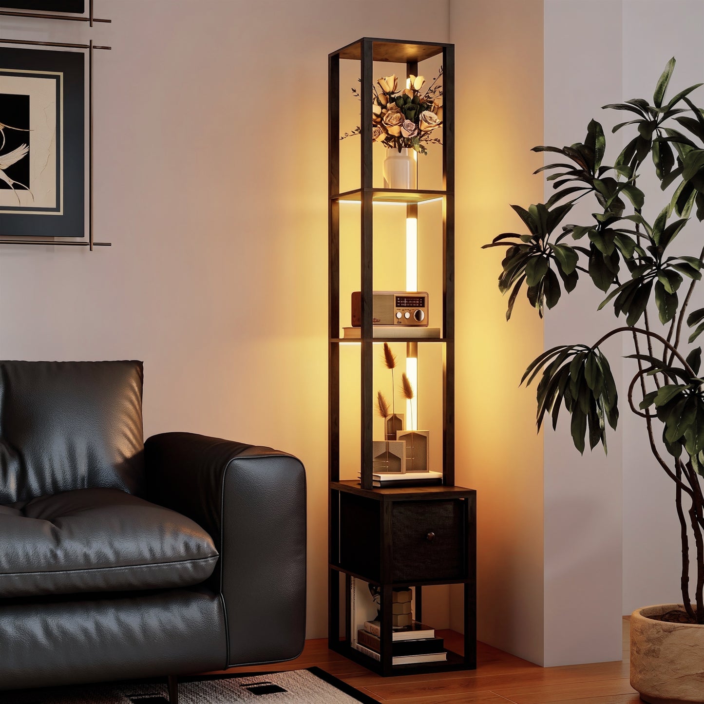 Floor Lamp with Shelves, LED Column Modern Standing Lamp with Fabric Drawer, Adjustable Brightness