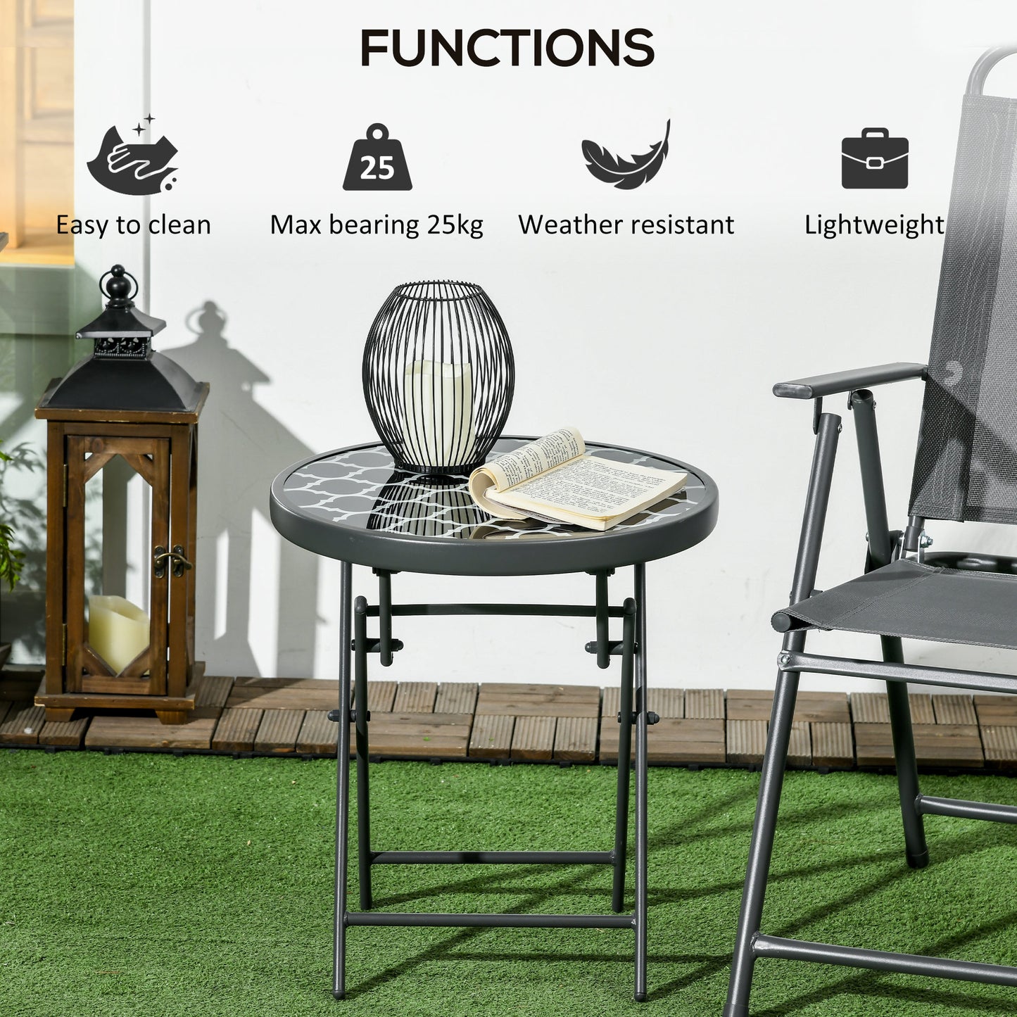 Φ45cm Garden Side Table, Outdoor Round Folding Patio Table with Imitation Marble Glass Top, Small Coffee Table