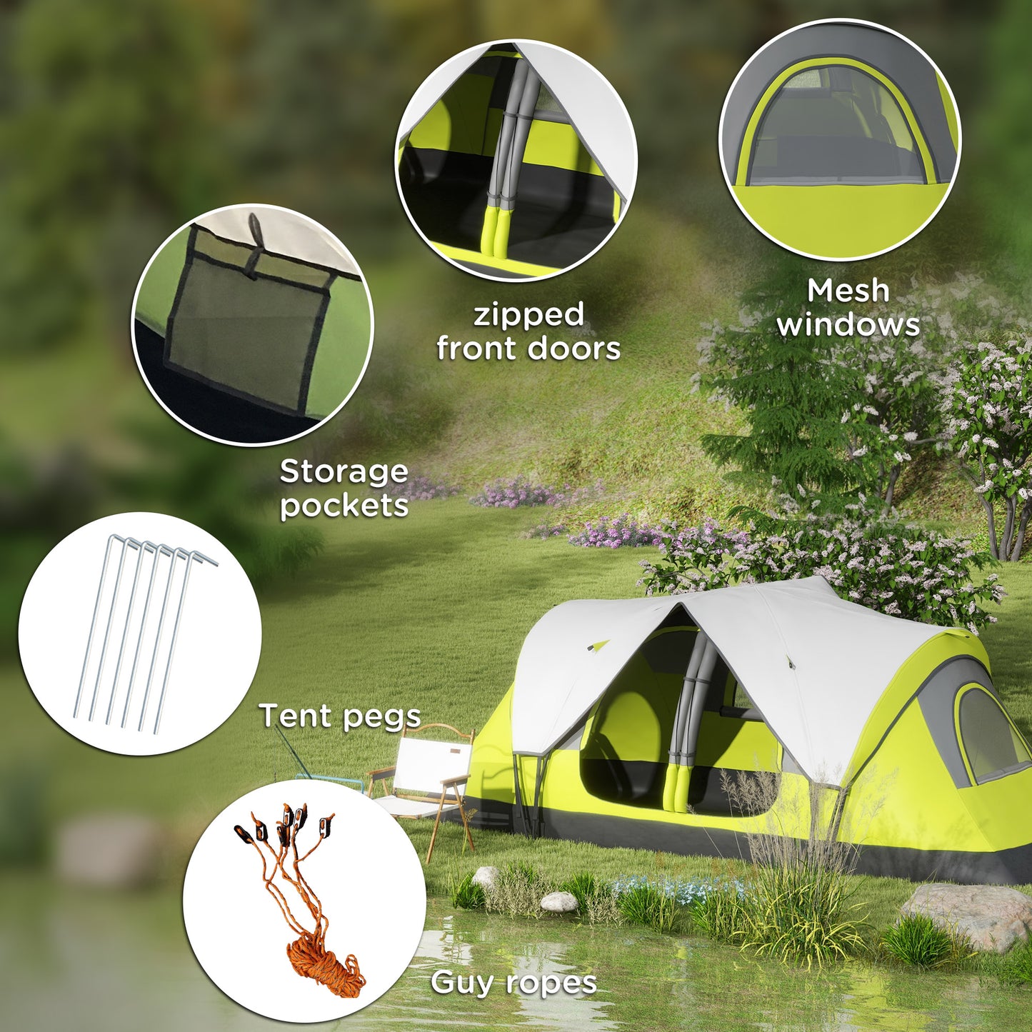 Camping Tent for 6 Man with 2000mm Water Resistant Rainfly and Carry Bag for Fishing Hiking Festival, Yellow