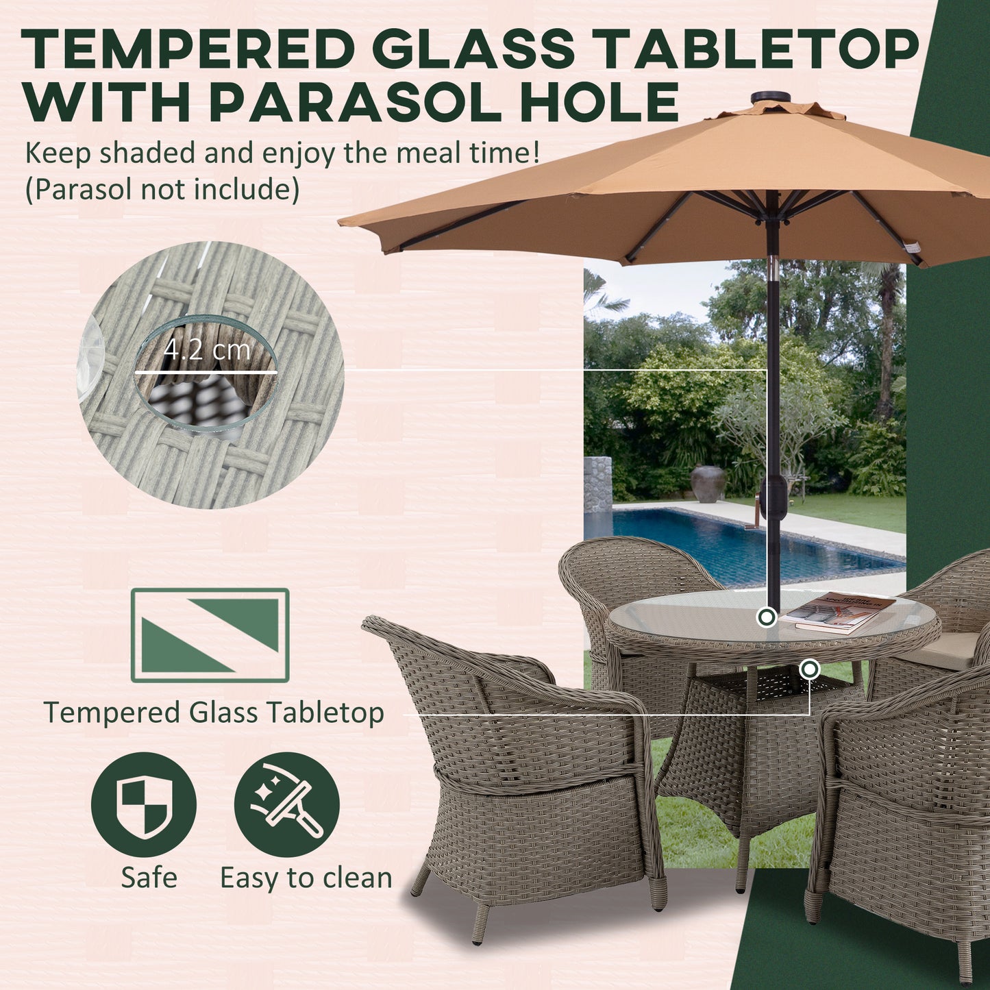 4 Seater Rattan Garden Furniture Set with Cushions, Round PE Rattan Dining Set with Glass-Top Table, Umbrella Hole