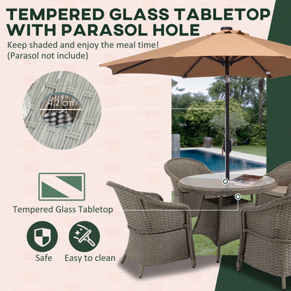 4 Seater Rattan Garden Furniture Set with Cushions, Round PE Rattan Dining Set with Glass-Top Table, Umbrella Hole