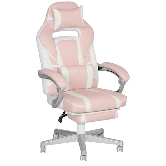 Faux Leather Reclining Gaming Chair, with Footrest - Pink/White