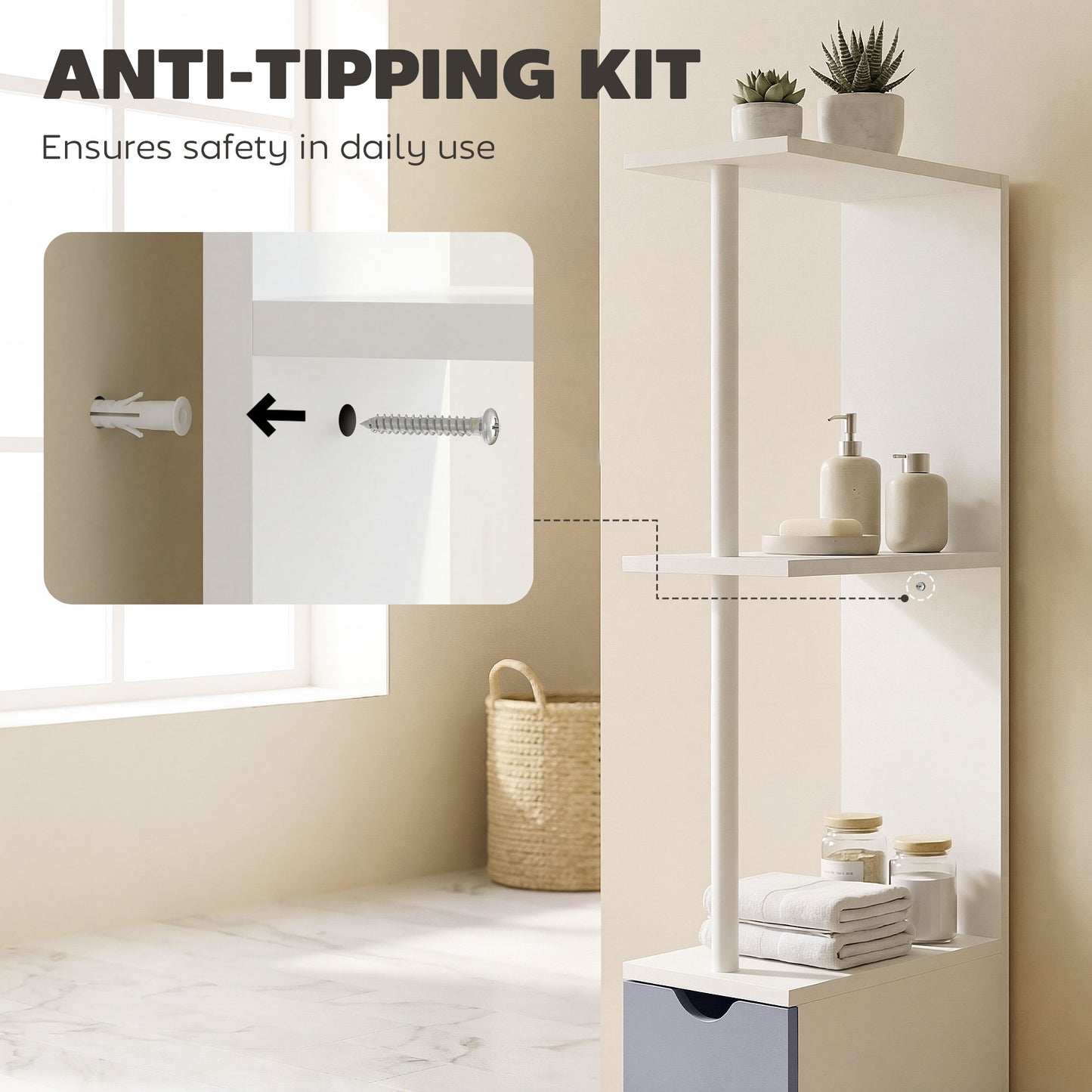 Tall Bathroom Cabinet, Freestanding Slim Bathroom Storage Cabinet with 2-Tier Open Shelf and 2 Drawers for Small Space