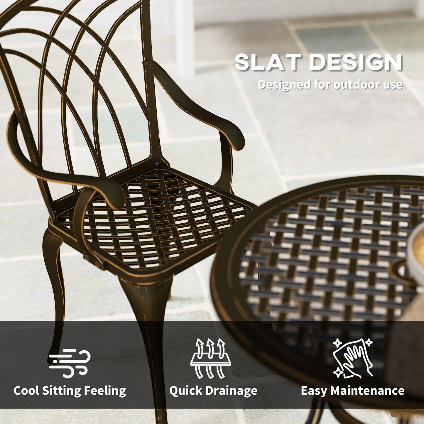 5 Pieces Garden Dining Set for 4, Cast Aluminium Outdoor Dining Set with 4 Armchairs and Round Dining Table with Parasol Hole