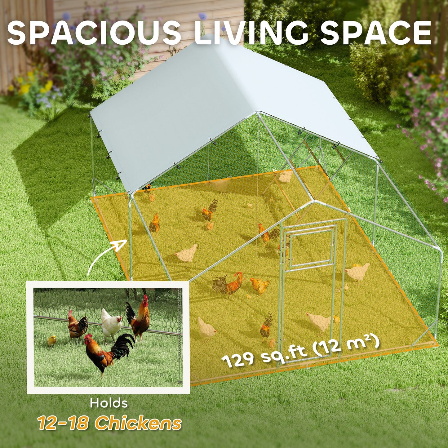 Walk-in Chicken Run w/ Cover, Feeding Door, Hanging Feeder, Perch, for 12-18 Poultry