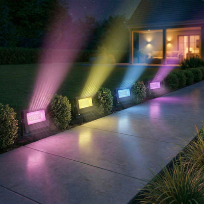 32W LED Floodlights, Linkable 4-Pack Landscape Lighting with Remote Control, RGB Colour Changing, UK Plug, Black