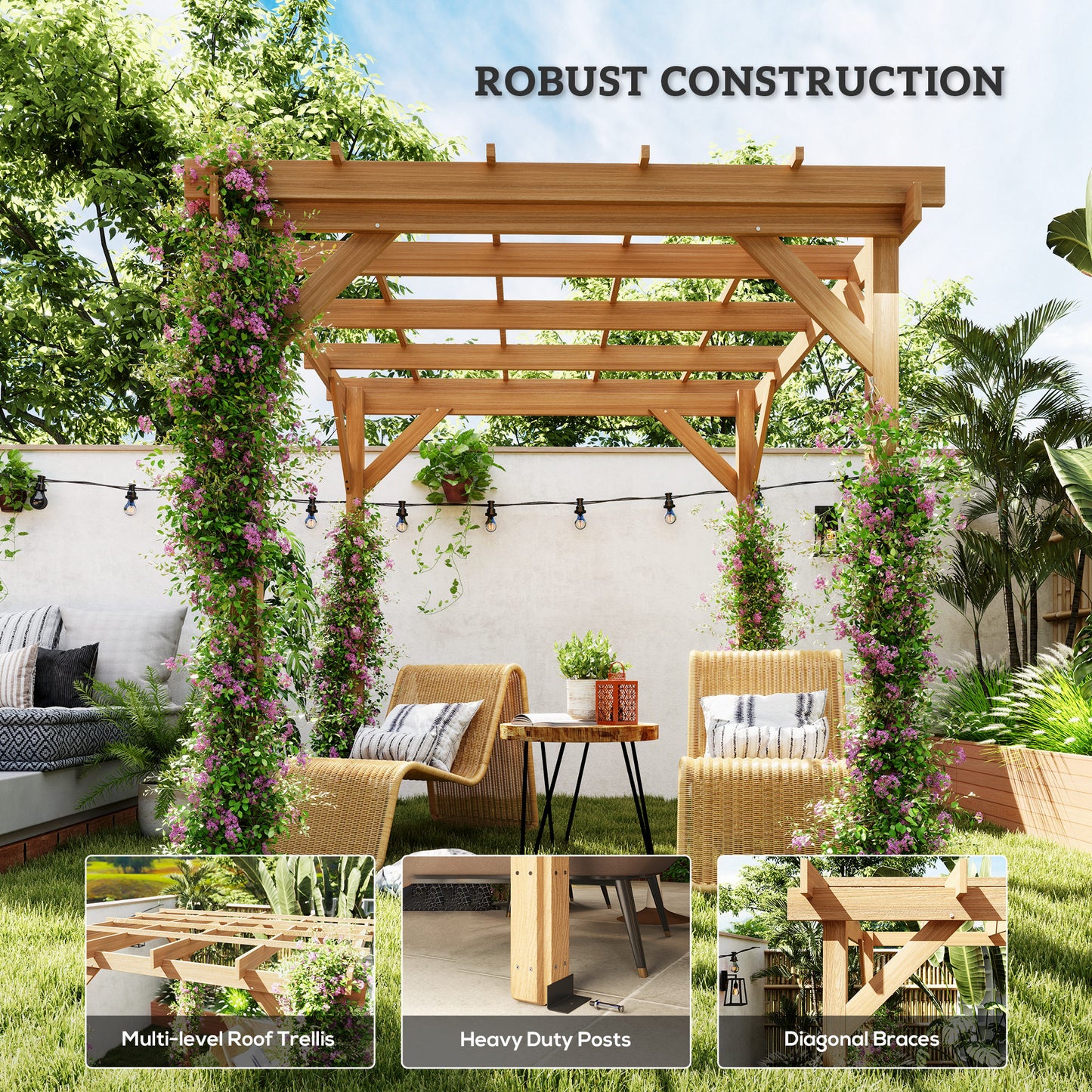 2 x 2 m Wooden Pergola Kit, Decorative Garden Gazebo Shelter with Stable Structure for Climbing Vines, Flowers, Dark Brown