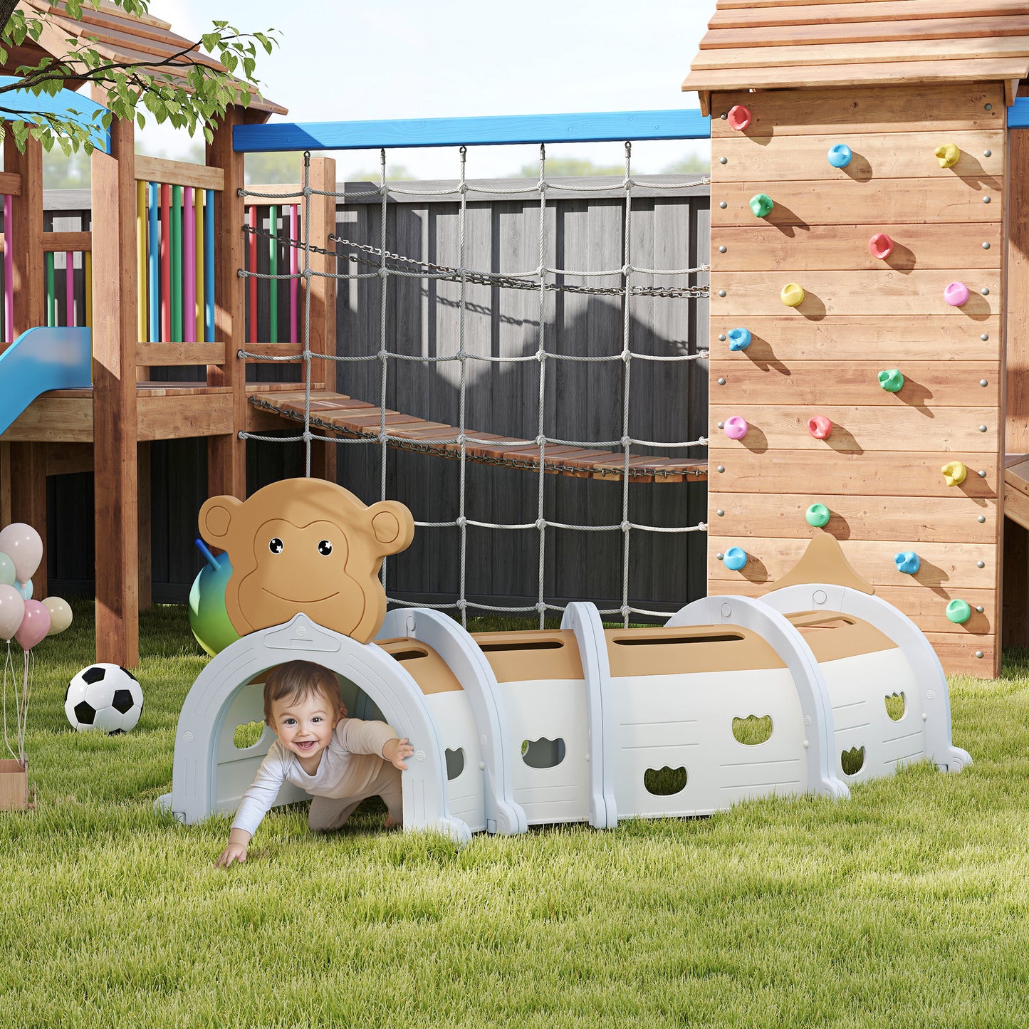 Monkey-Design Kids Play Tunnel for Crawling, Climbing, for ages 3-6 Years, Brown