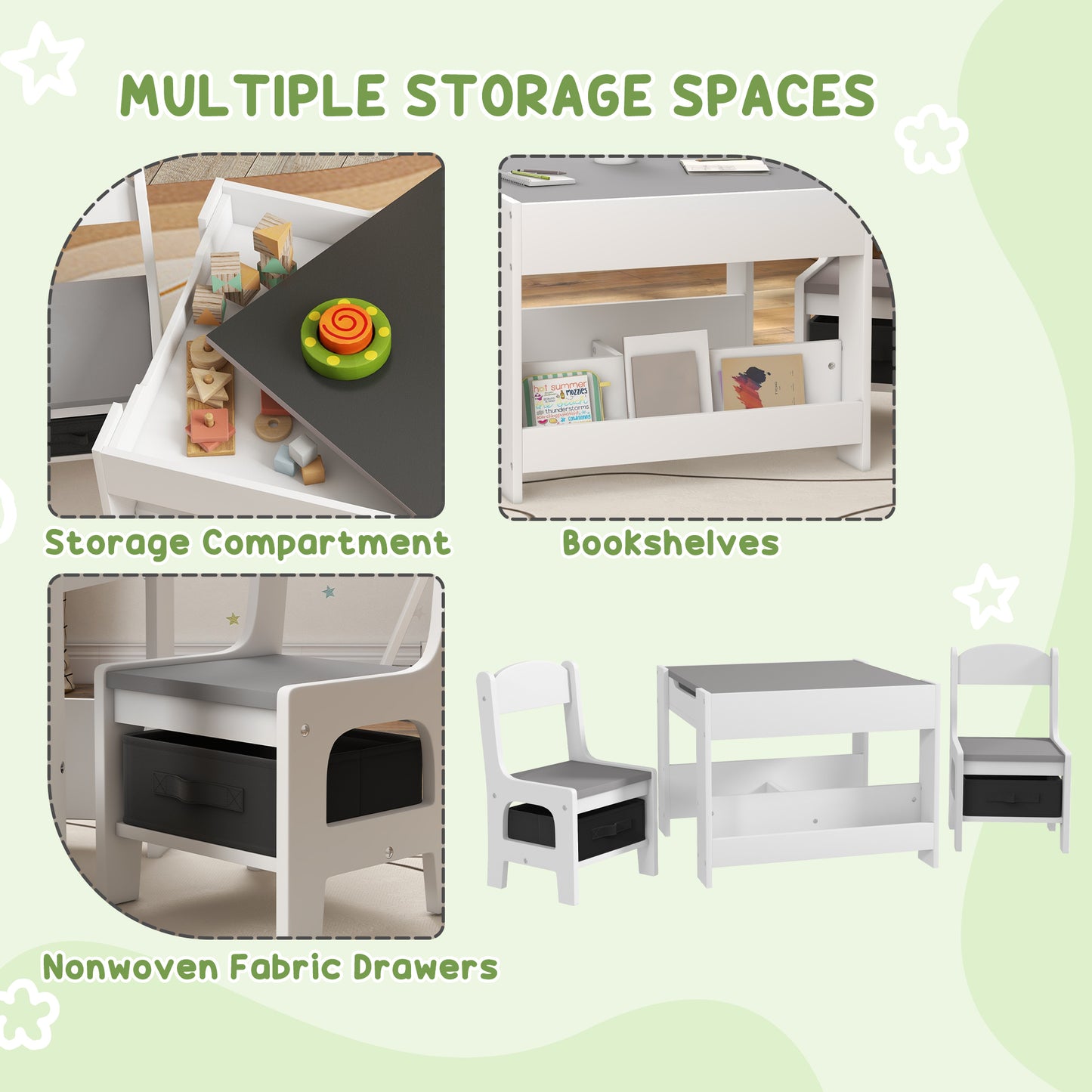 Three-Piece Kids Table and Chair Set with Blackboard, Storage, Bookshelves - Grey