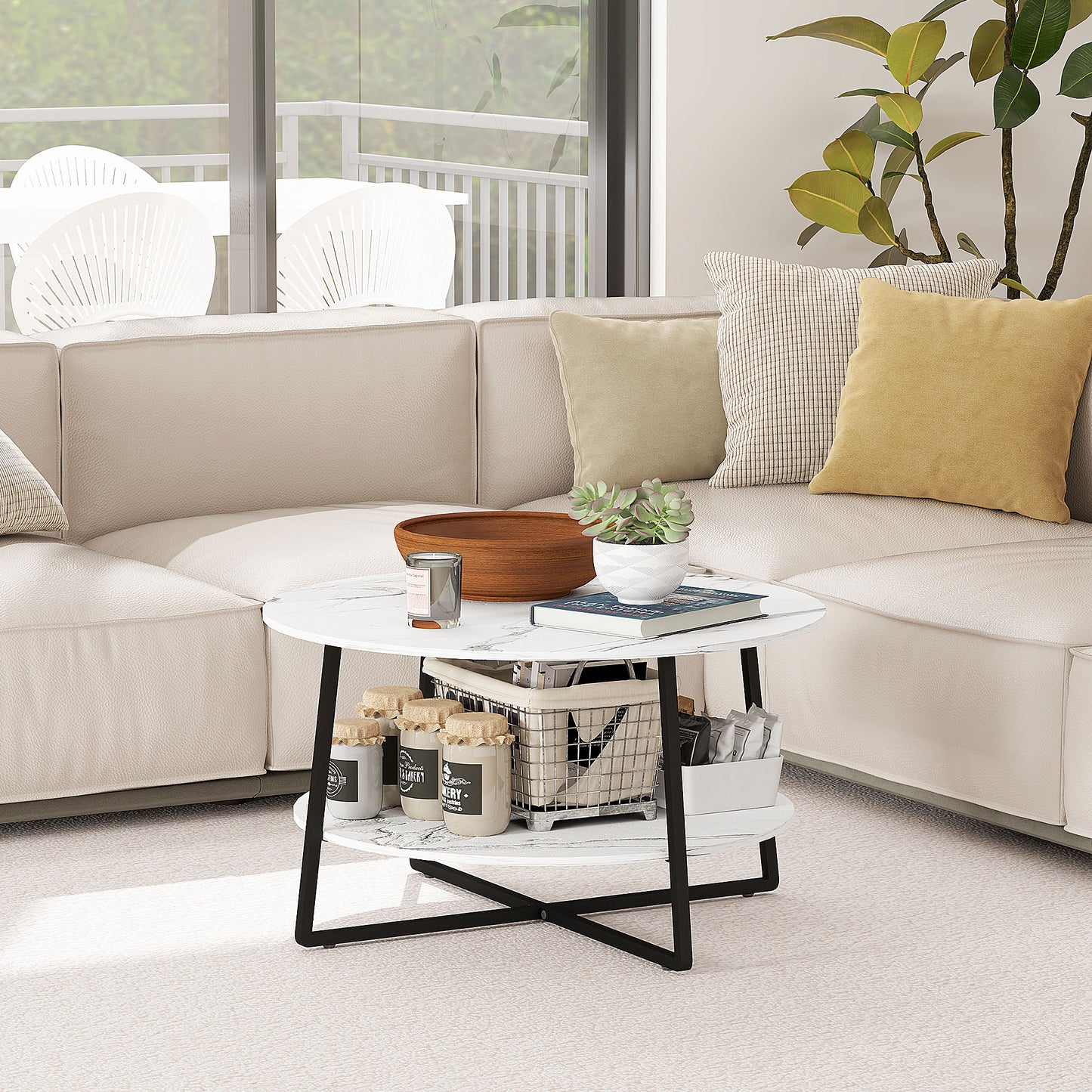 Two-Tier Marble-Effect Coffee Table - White/Black