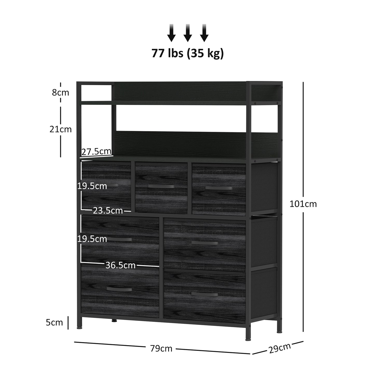 Rustic Chest of Seven Fabric Drawers - Black