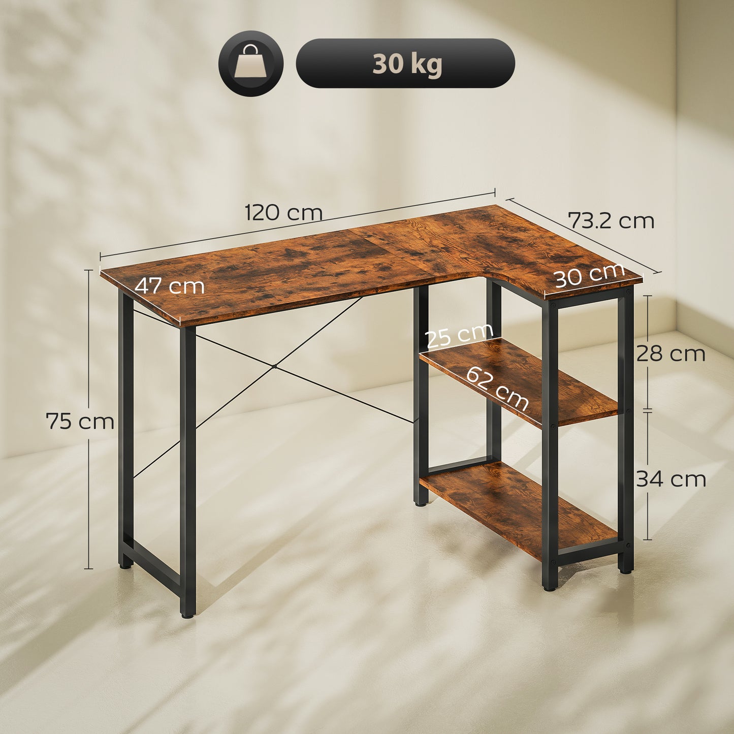 L Shaped Desk, Corner Computer Desk with Bookshelf for Home Office, Study Room, Workstation, 120 x 73.2 x 75cm, Rustic Brown