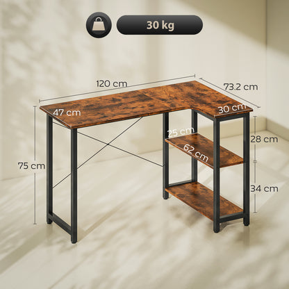 L Shaped Desk, Corner Computer Desk with Bookshelf for Home Office, Study Room, Workstation, 120 x 73.2 x 75cm, Rustic Brown