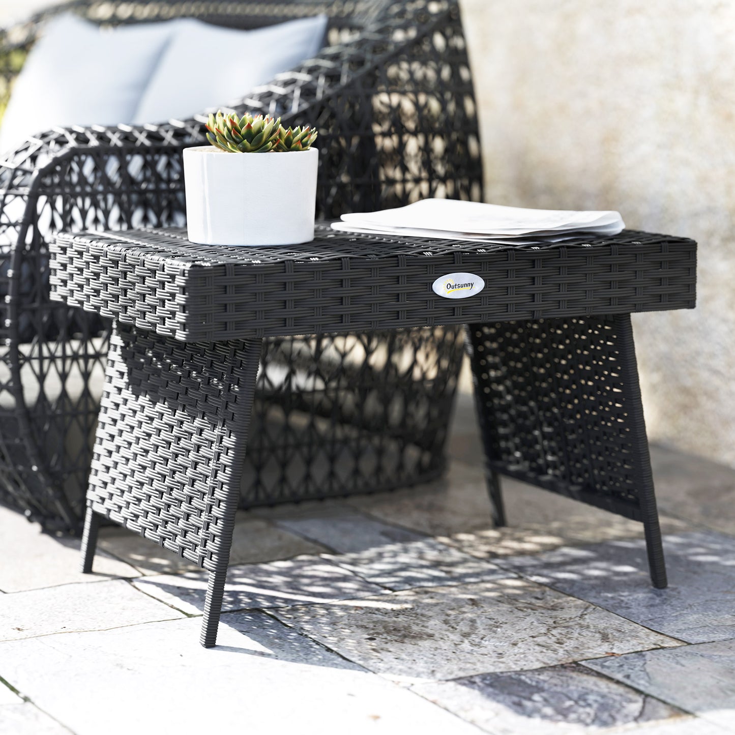 Foldable Outdoor Side Table, Rattan Garden Coffee Table with Steel Frame, Space Saving Bistro Garden Furniture for Patio