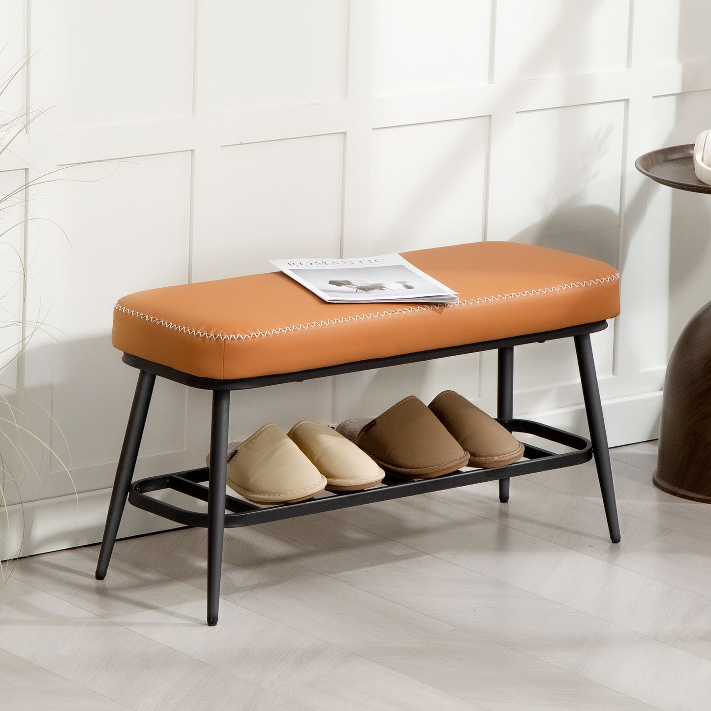 PU Leather Shoe Storage Bench - Brown