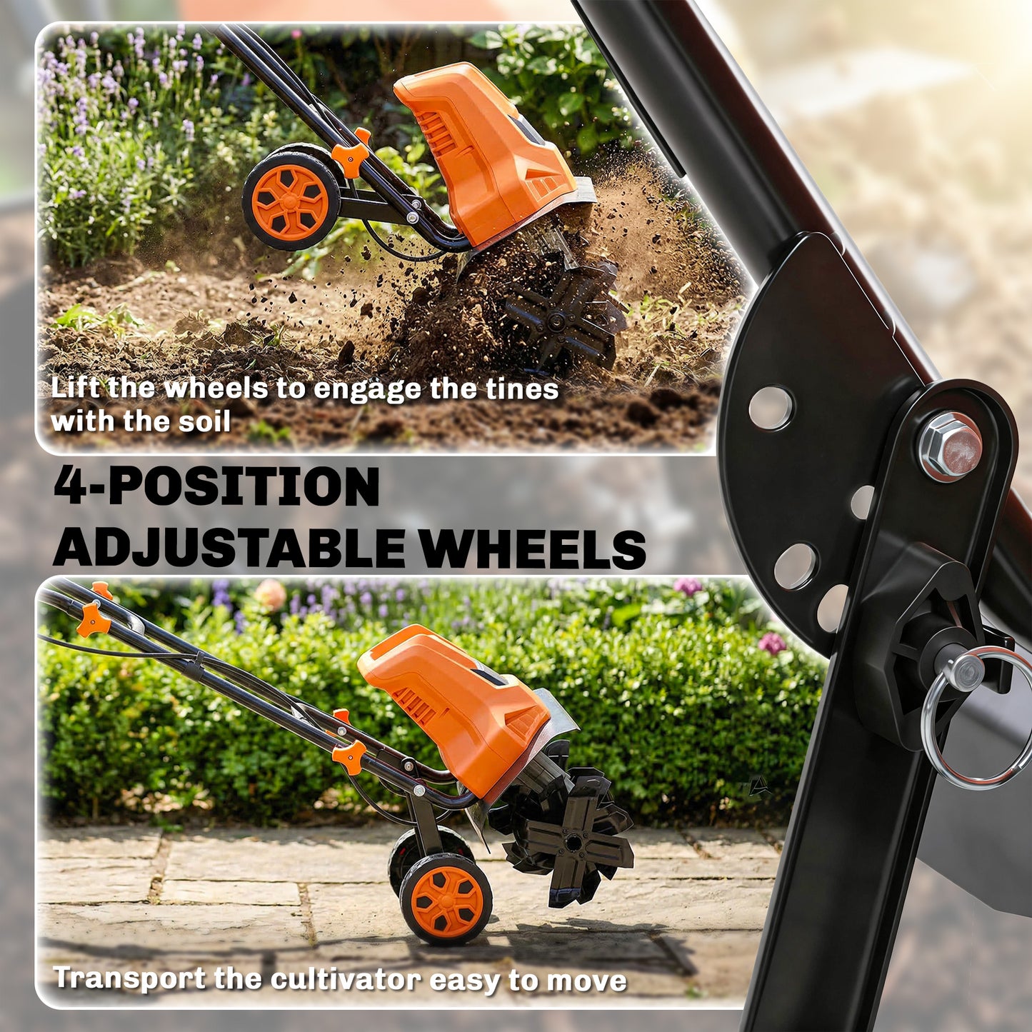1500W Electric Garden Tiller w/Foldable Handle, 40cm Working Width, 20cm Tilling Depth, 6 Blades, 2 Adjustable Wheels