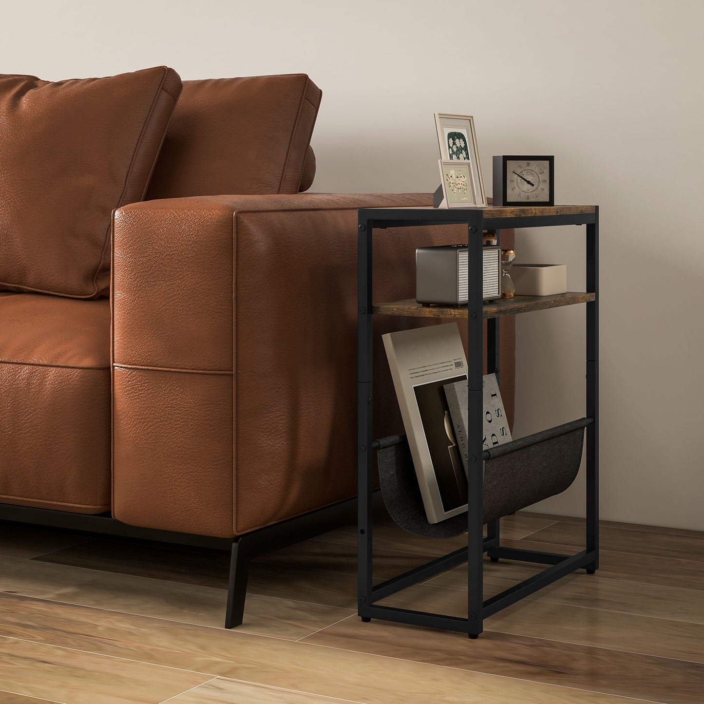 Narrow Side Table, End Table with 3-Tier Storage, V-Shaped Magazine Holder for Living Room, Bedroom, 43 x 18 x 56 cm, Ru