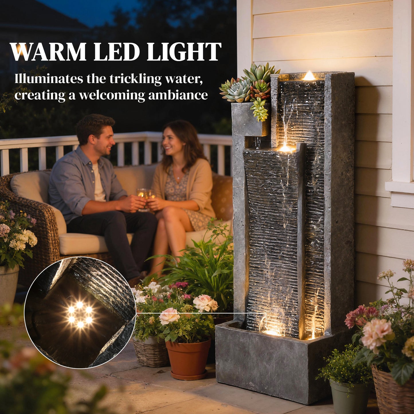Water Feature with LED Lights and Planter, 3-Tier Garden Water Fountain with Pump, Resin Waterfall Feature, Dark Grey