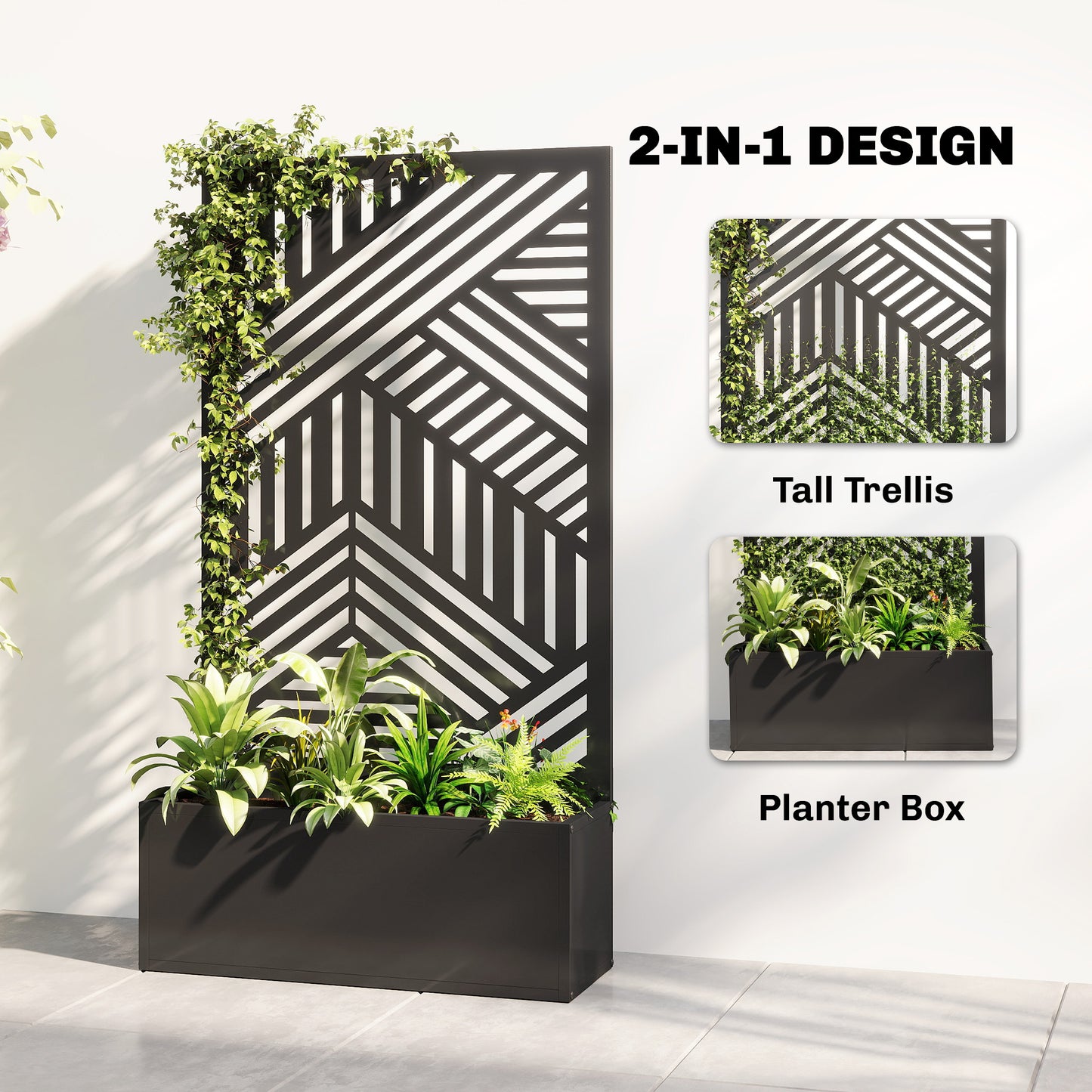 Metal Garden Bed for Garden with Trellis, Raised Garden Bed with Privacy Screen, Geometric Slatted Cut-Out