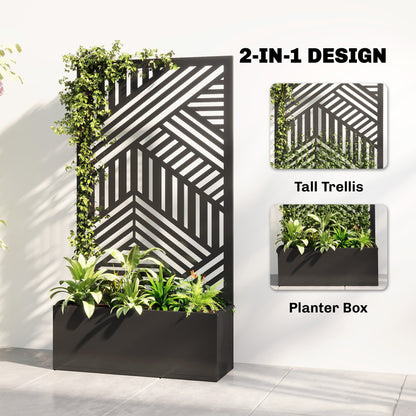 Metal Garden Bed for Garden with Trellis, Raised Garden Bed with Privacy Screen, Geometric Slatted Cut-Out