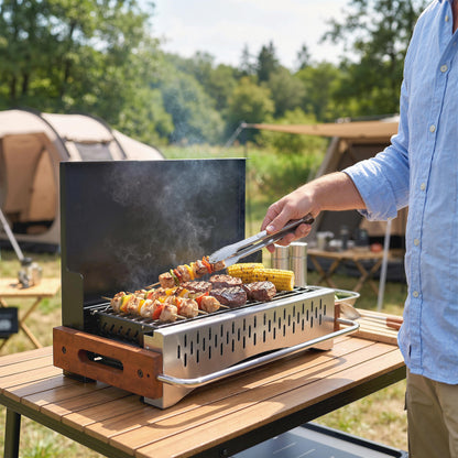 Portable BBQ Grill, Folding Charcoal Barbecue Grill with Removable Charcoal Basin for Camping Picnic Garden Party, Black