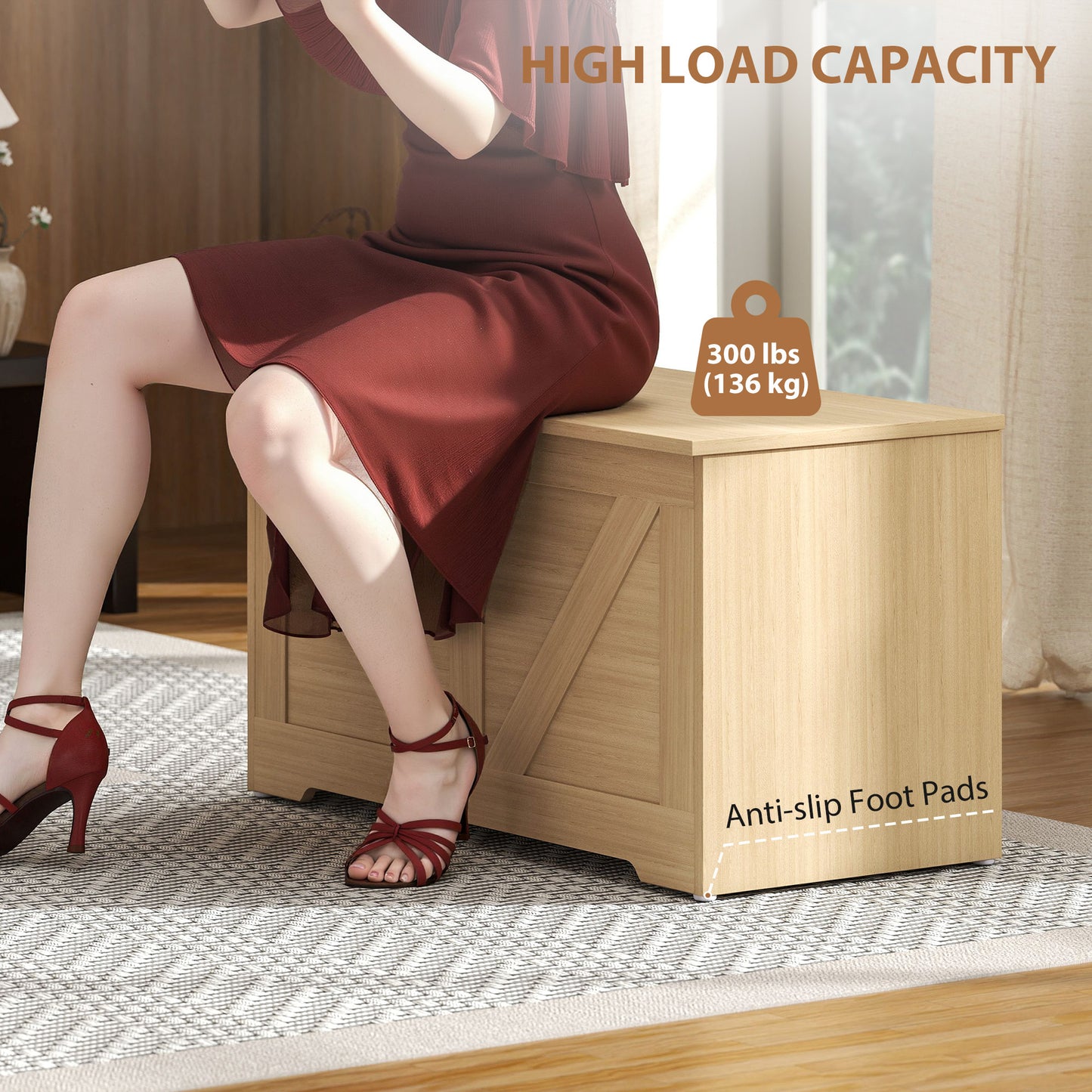 100L Home Storage Box, with Safety Hinge - Natural Wood Finish