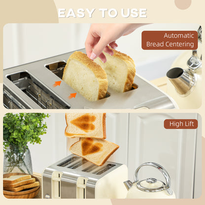 Polished Stainless Steel Kettle and Toaster Set - Cream