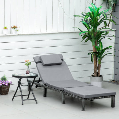Rattan Sun Lounger, 5-Level Adjustable Garden Lounger Recliner with Cushion and Headrest, Outdoor Reclining Sunbed